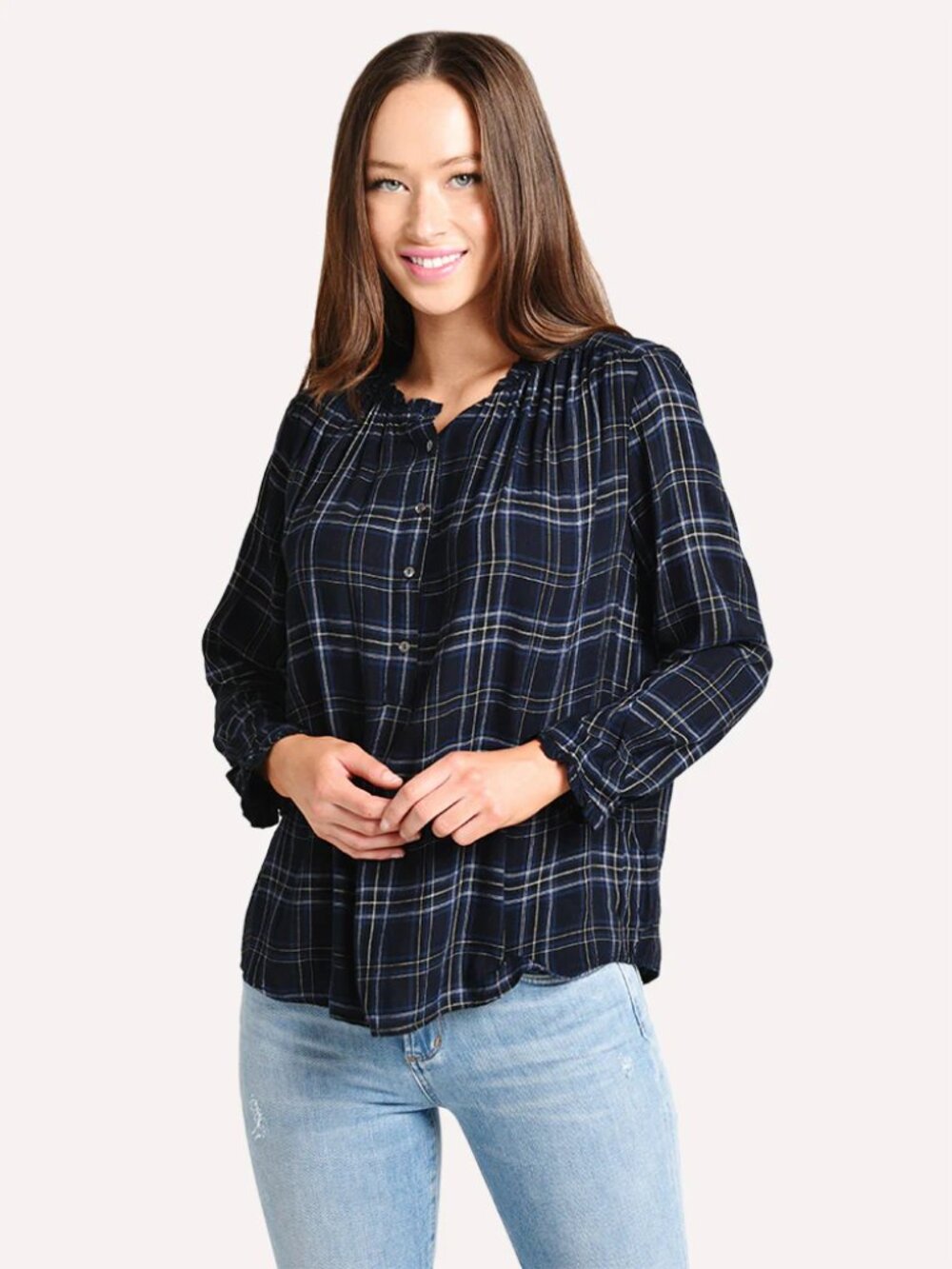 Velvet by Graham & Spencer Lauren Plaid Top Large NWOT Smocked